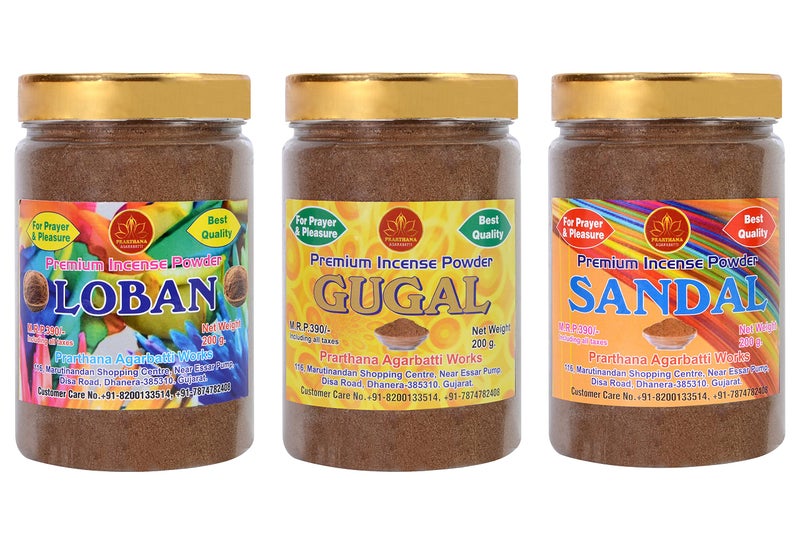 PRARTHANA Combo Pack of Gugal Loban and Sandal Powder 600gm Premium Dhoop Powder (3 Jar of 200gm Each) Charcoal Free/Pollution Free, (Total 600gm) Dhoop Powder/Dhoop bati/Agarbatti - Image 1