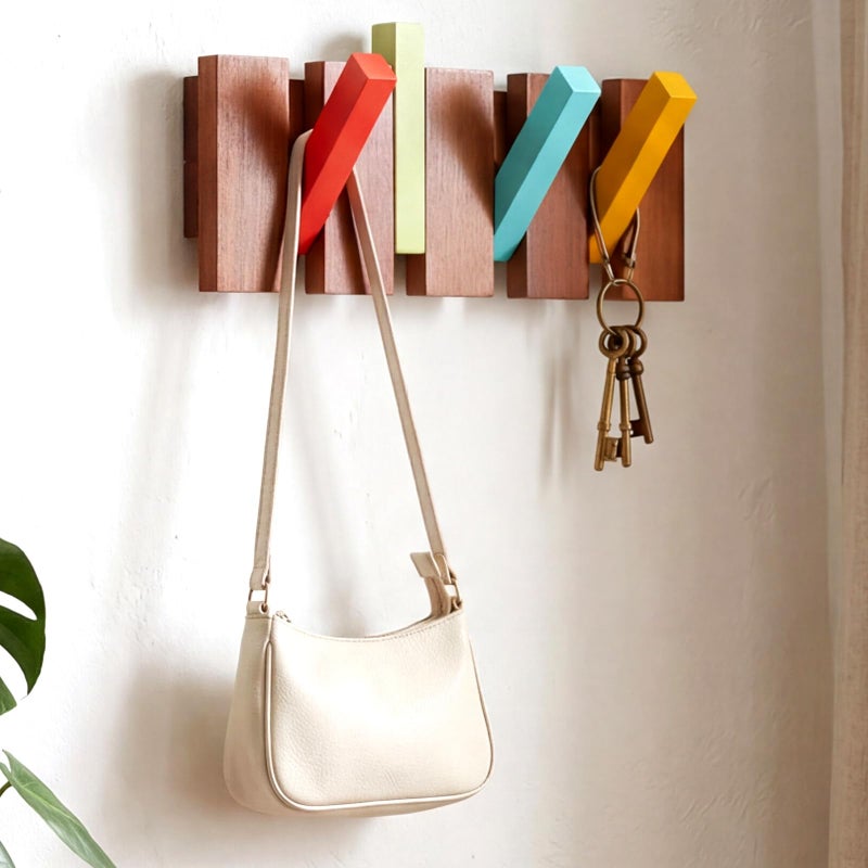 Youyole Mid Century Modern Wooden Coat Hooks Wall Mounted Folding Coat Rack Hanger with 4 Hooks Colorful Heavy Duty Flip Down Piano Hat Rack for Hanging Coats Keys Hats Robe Towels Home, 12.6 x 5.5'' - Image 1
