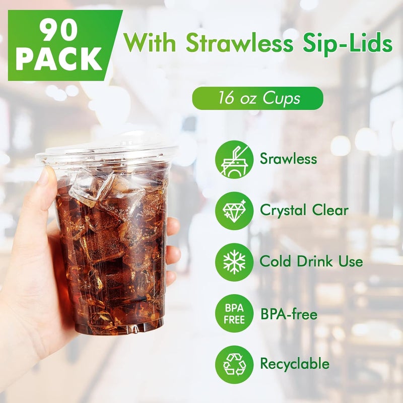 Lilymicky 16oz Clear Plastic Drinking Cups (90 Pack) with Strawless Sip Lids, Disposable Cups for Iced Coffee, Smoothie, Slurpee, or Any Cold Drinks - Image 4
