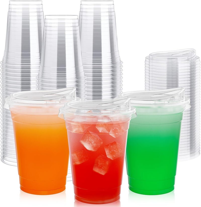Lilymicky 16oz Clear Plastic Drinking Cups (90 Pack) with Strawless Sip Lids, Disposable Cups for Iced Coffee, Smoothie, Slurpee, or Any Cold Drinks - Image 1