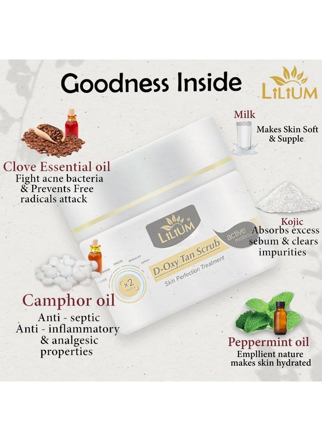 LILIUM D Oxy Tan Scrub 40G | Tan Removal Exfoliating & Lighten Acne Marks | Decrease Uv Damage With Kojic & Milk | Paraben, Peroxide & Sulfate Free | De Tanning 100% Vegan, Dermatologically Tested | Men & Women  - Image 5
