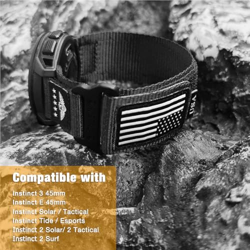 Abanen Rugged Tactical Nylon Watch Band for Garmin Instinct 3 45mm/ Instinct 2 Solar, Sport Strap with Stars-Stripes Flag for Instinct E 45mm/ Tactical/Tide/Esports (Black) - Image 3