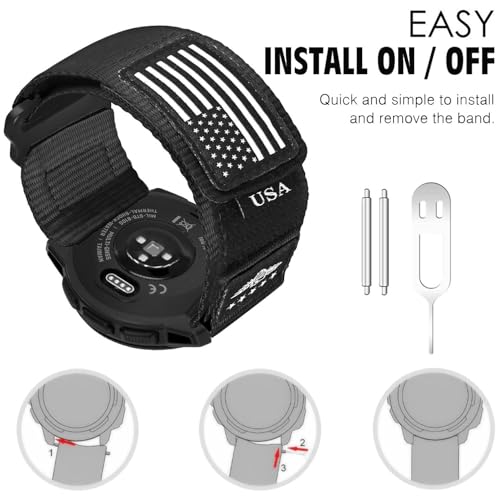 Abanen Rugged Tactical Nylon Watch Band for Garmin Instinct 3 45mm/ Instinct 2 Solar, Sport Strap with Stars-Stripes Flag for Instinct E 45mm/ Tactical/Tide/Esports (Black) - Image 4