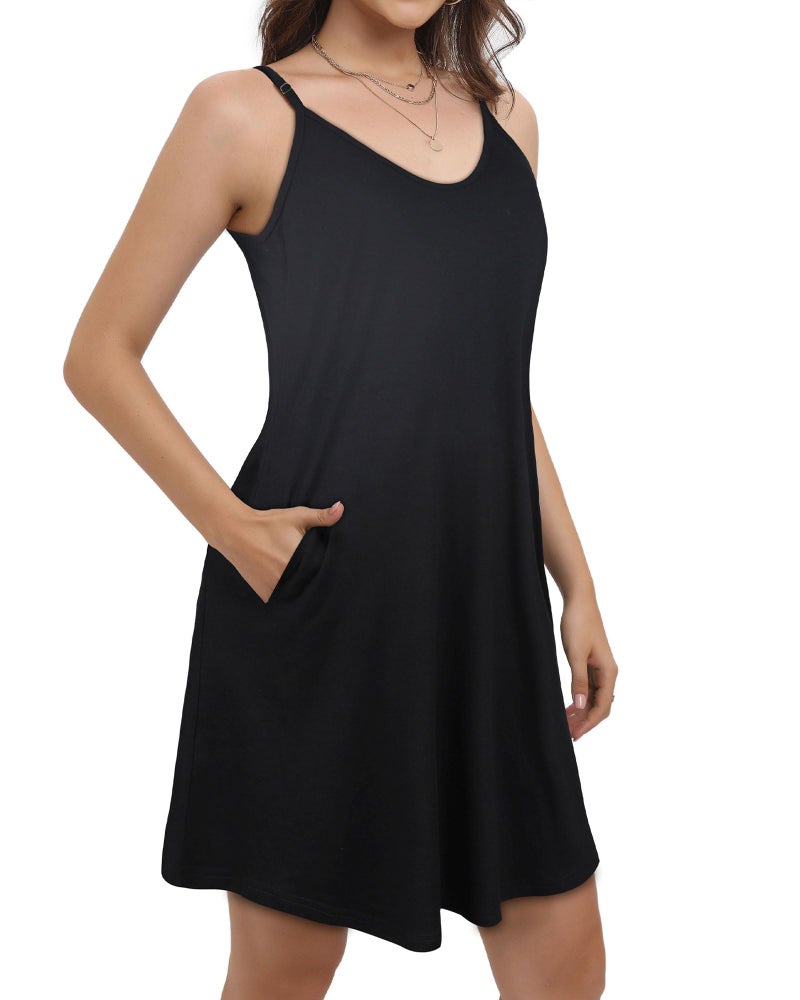 JOELLYUS Womens Summer Dresses Spaghetti Strap Sundress Casual Beach Cover Ups Swing Dress with Pockets (BK,L) - Image 4