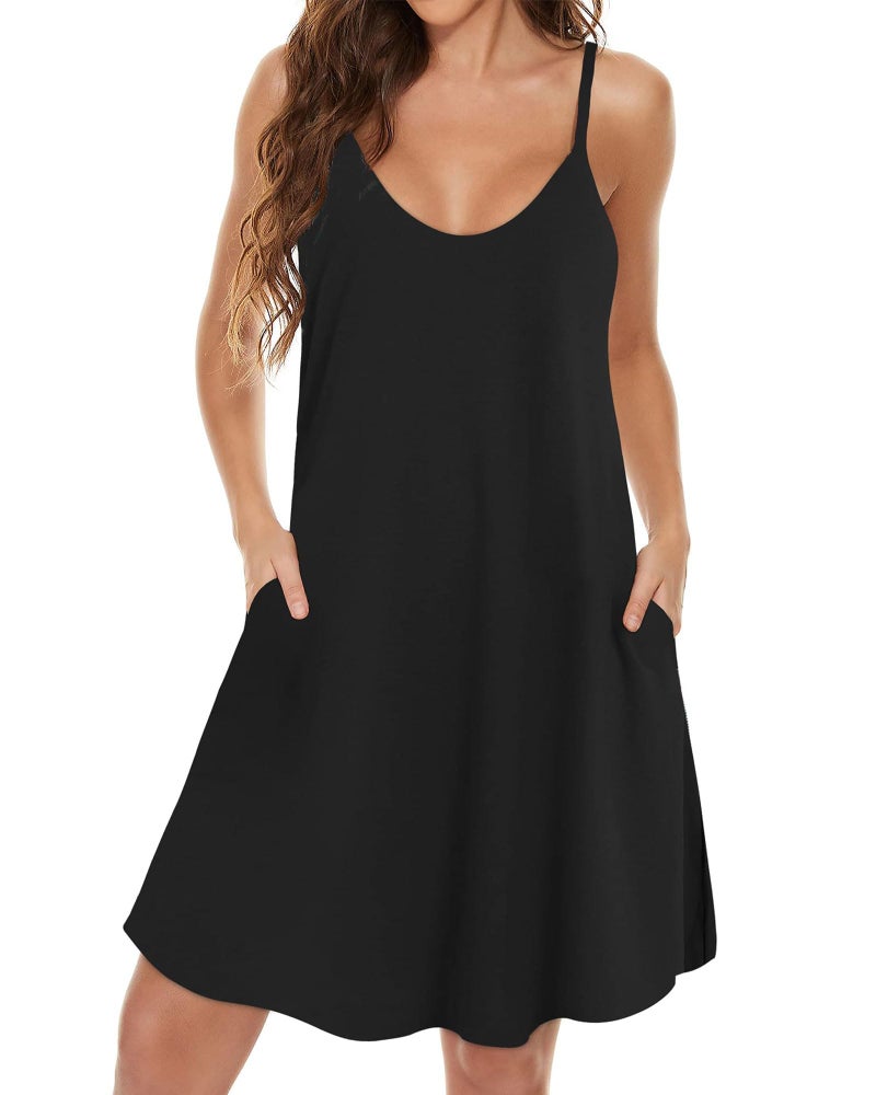 JOELLYUS Womens Summer Dresses Spaghetti Strap Sundress Casual Beach Cover Ups Swing Dress with Pockets (BK,L) - Image 3