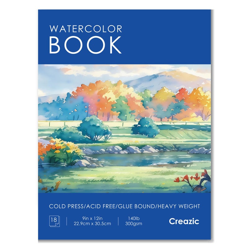 Creazic دفتر ورق مائي 9"x12" (140 رطل/300 جرام لكل متر مربع) - دفتر رسم خالي من الحمض للفنانين | ورق مائي ثقيل مضغوط بارد للبالغين والأطفال والمبتدئين - مثالي للألوان المائية، الوسائط المختلطة والحرف اليدوية (أزرق) - Image 1