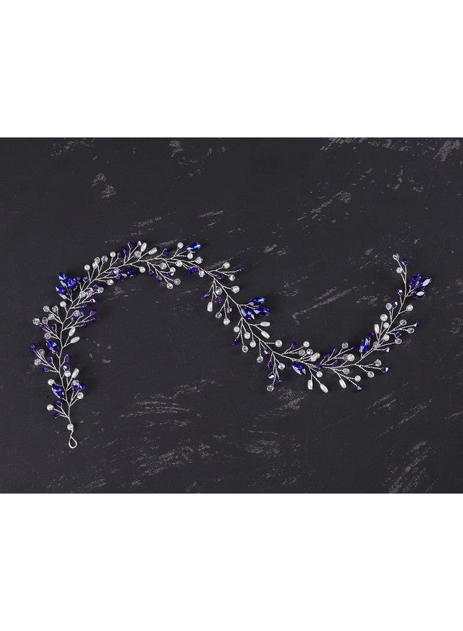 Jumwrit Wedding Crystal Hair Vine Silver Bridal Headband With Blue Rhinestone Pearl Wedding Headpiece Brides Bridesmaids Hair Accessories - Image 1