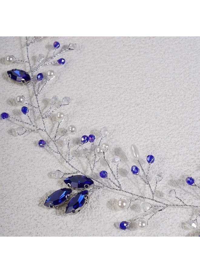 Jumwrit Wedding Crystal Hair Vine Silver Bridal Headband With Blue Rhinestone Pearl Wedding Headpiece Brides Bridesmaids Hair Accessories - Image 4