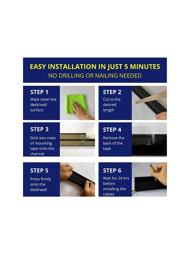 PROMASS J Channel Desk Cable Raceway Management – Set of 4 Computer Wire Channel Management Kit, Black Under Table Cord Organizer, Easy Install Wire Organizer Trays for Office and Home - Image 4