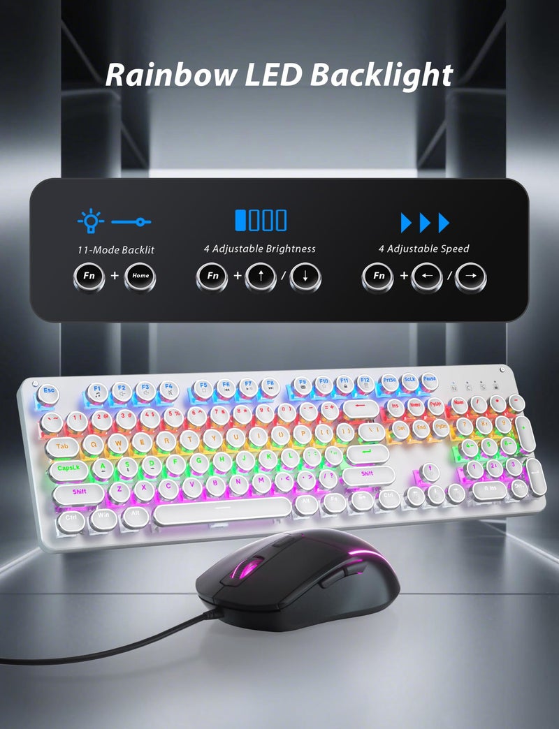 Taiahiro Typewriter Mechanical Gaming Keyboard and Mouse, Metal Panel Retro Keyboards with Round Keycap Blue Switch, Rainbow LED Backlit 104-Key Anti-Ghost Wired Mouse and Pad Combo for PC Laptop Mac Gamer - Image 5