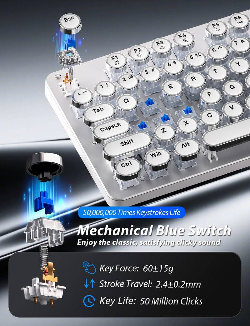 Taiahiro Typewriter Mechanical Gaming Keyboard and Mouse, Metal Panel Retro Keyboards with Round Keycap Blue Switch, Rainbow LED Backlit 104-Key Anti-Ghost Wired Mouse and Pad Combo for PC Laptop Mac Gamer - Image 3
