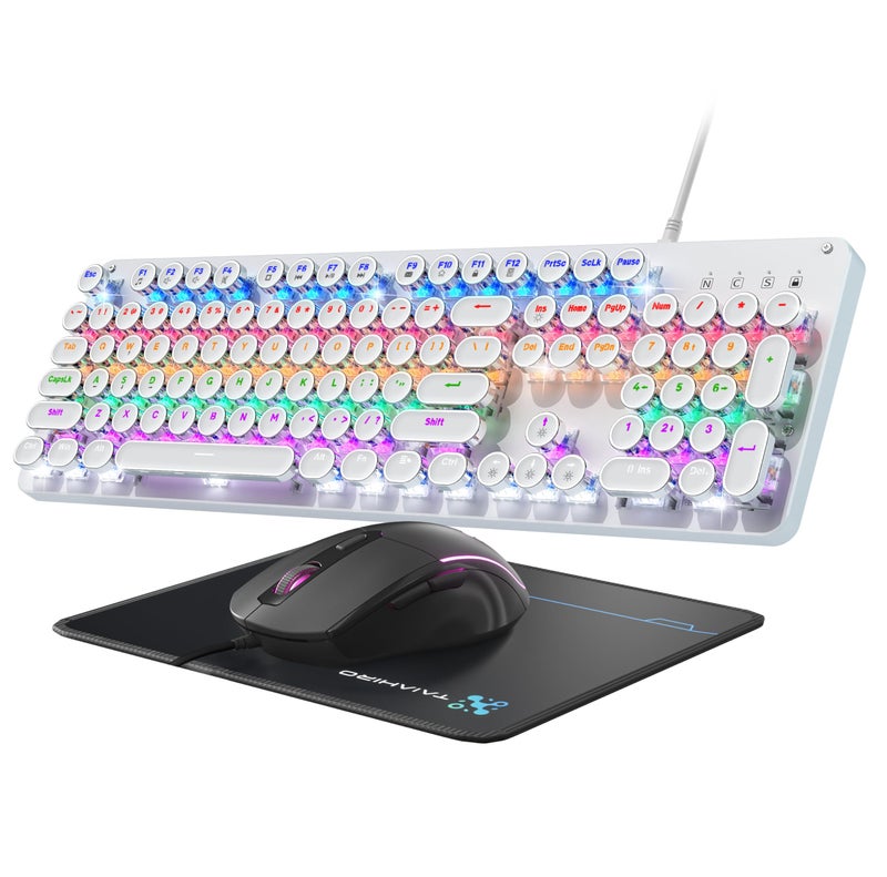 Taiahiro Typewriter Mechanical Gaming Keyboard and Mouse, Metal Panel Retro Keyboards with Round Keycap Blue Switch, Rainbow LED Backlit 104-Key Anti-Ghost Wired Mouse and Pad Combo for PC Laptop Mac Gamer - Image 1
