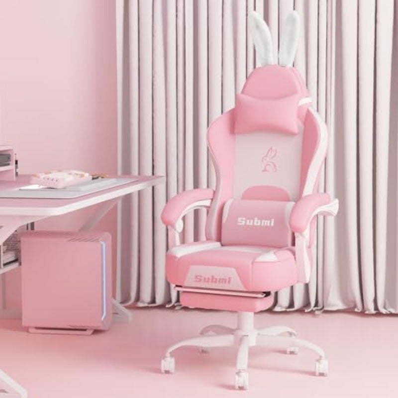 Pink Gaming Chair High Back Kawaii Gaming Chair with Footrest Bunny Ear and Wide Soft Cushion Computer Chairs for Adults Girls Women Reclining Chairs Gift Pink-White - Image 1
