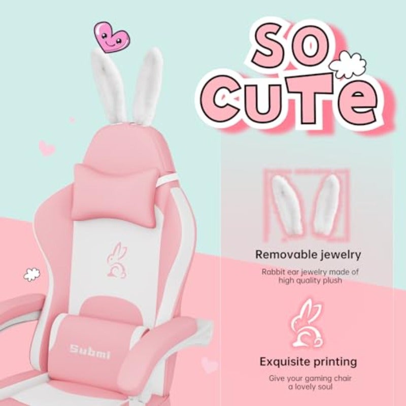 Pink Gaming Chair High Back Kawaii Gaming Chair with Footrest Bunny Ear and Wide Soft Cushion Computer Chairs for Adults Girls Women Reclining Chairs Gift Pink-White - Image 4