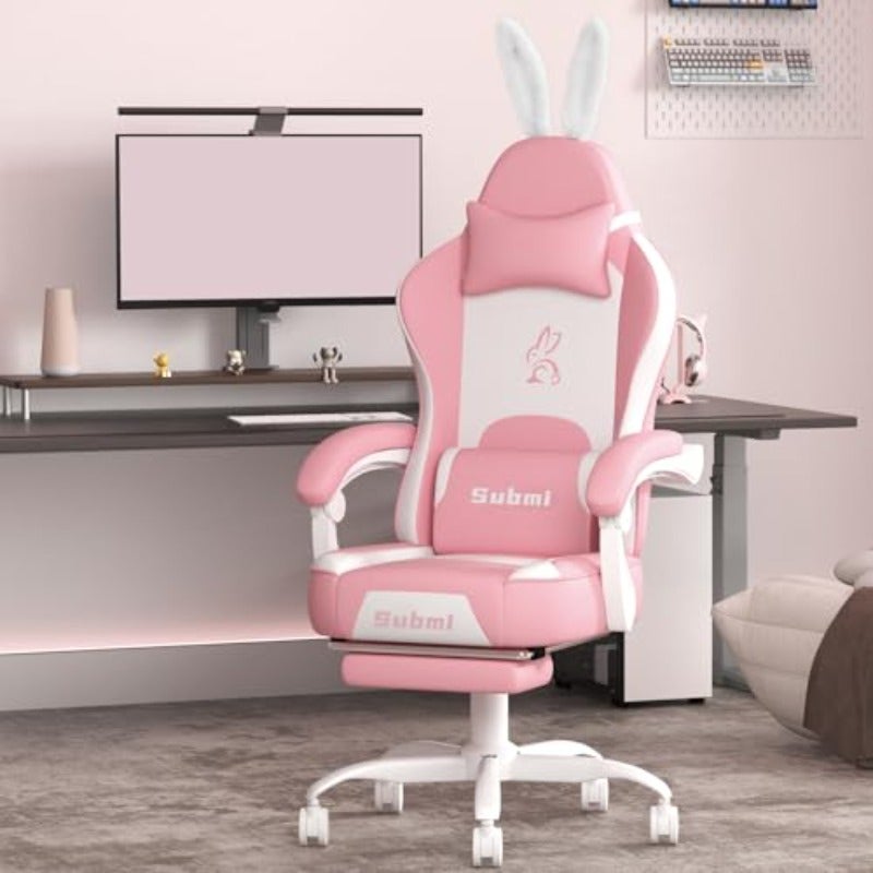 Pink Gaming Chair High Back Kawaii Gaming Chair with Footrest Bunny Ear and Wide Soft Cushion Computer Chairs for Adults Girls Women Reclining Chairs Gift Pink-White - Image 3