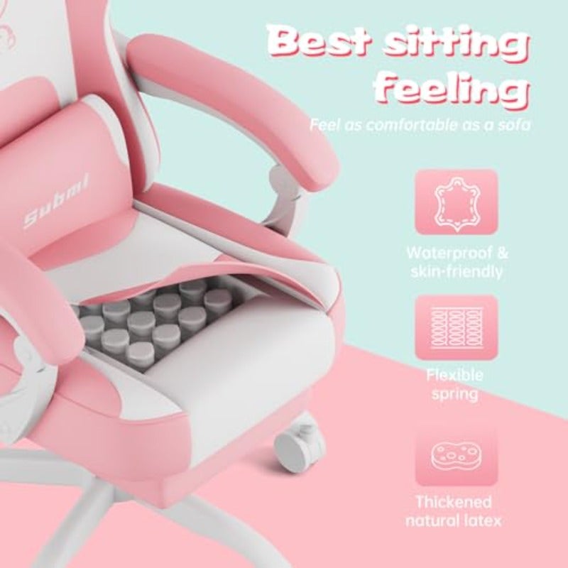Pink Gaming Chair High Back Kawaii Gaming Chair with Footrest Bunny Ear and Wide Soft Cushion Computer Chairs for Adults Girls Women Reclining Chairs Gift Pink-White - Image 5