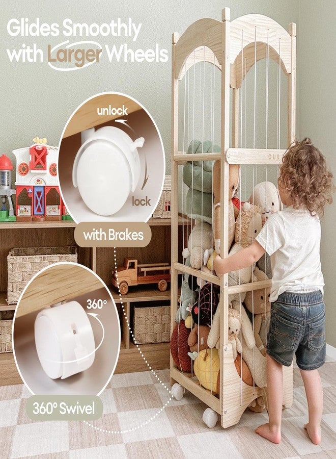 Fodoss Stuffed Animal Storage, Wooden Toy Storage Organizer with Arched Base, Detachable Bars & Lockable Wheels, 16.5" D x 16.5" W x 51.6" H - Image 2