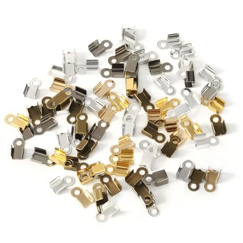 KAEZDD 200 Pieces Fold Over Cord Ends Cord Crimp End Tips Fold-Over End Caps Leather Ribbon Ending Clasp Tips Jewelry Connector for Jewelry Making, 3.5 x 9 mm/ 0.14 x 0.35 Inch, 6 Colors - Image 1
