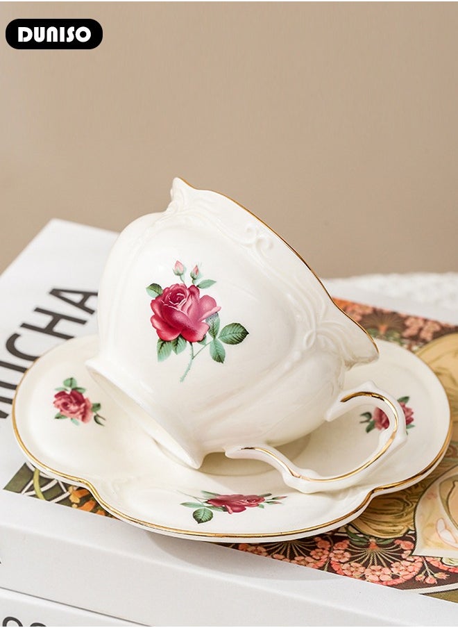 DUNISO Ceramic Tea Cups and Saucers, European Retro Style Coffee Cups, Glazed Tea Mugs,  Latte Cups and Espresso Mug for Coffee Drinks and Tea, Kitchen and Living Room Saucers Set,Ceramic Coffee Cup for Office and Home  - Image 2