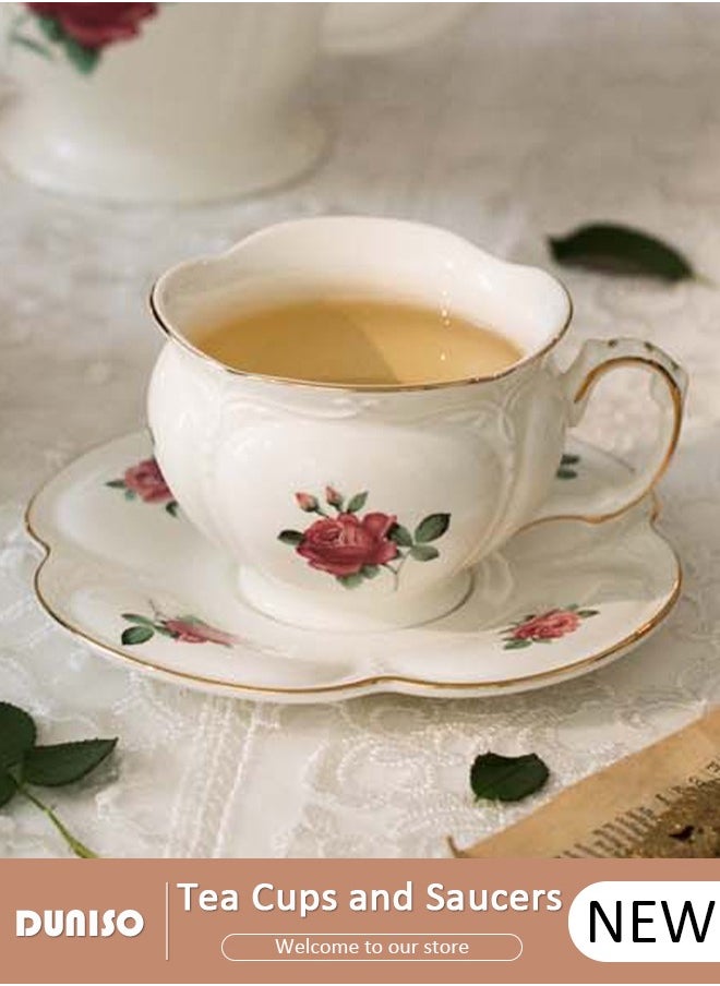 DUNISO Ceramic Tea Cups and Saucers, European Retro Style Coffee Cups, Glazed Tea Mugs,  Latte Cups and Espresso Mug for Coffee Drinks and Tea, Kitchen and Living Room Saucers Set,Ceramic Coffee Cup for Office and Home  - Image 1