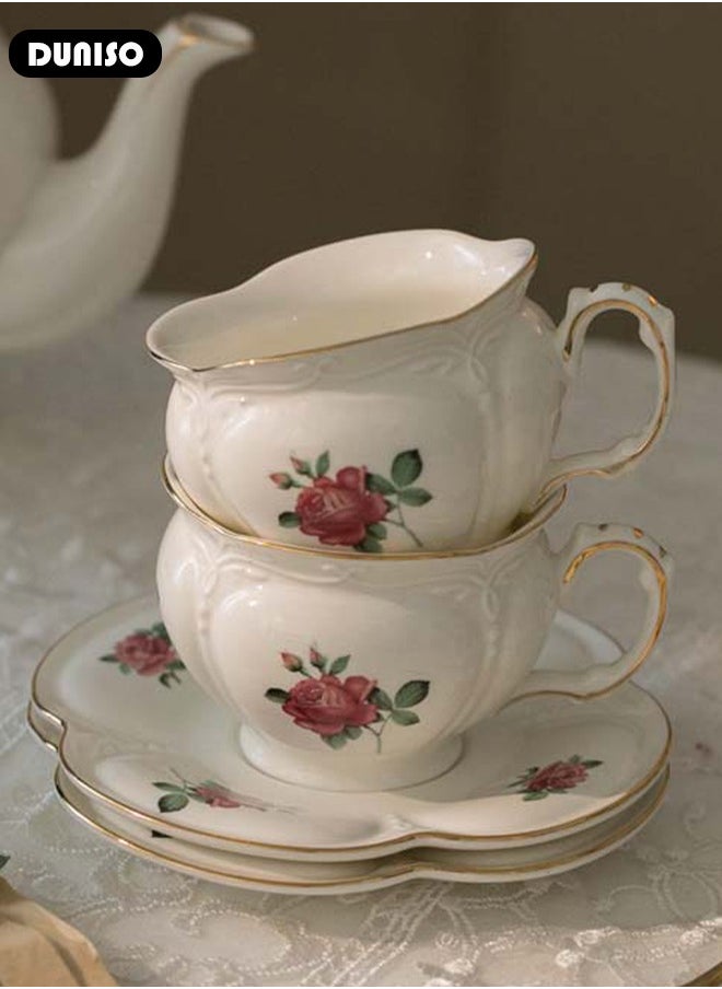 DUNISO Ceramic Tea Cups and Saucers, European Retro Style Coffee Cups, Glazed Tea Mugs,  Latte Cups and Espresso Mug for Coffee Drinks and Tea, Kitchen and Living Room Saucers Set,Ceramic Coffee Cup for Office and Home  - Image 5
