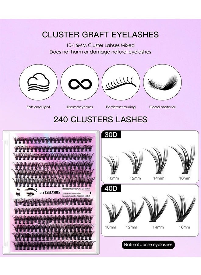 Beauty1234 - Segmented false eyelash set 240 clusters, 30D 40D Mix Lash Clusters, with Double Headed Glue, Tweezers, and Eyelash Brush, Eyelash Extension Kit, Enlarge Eyes Naturally, Curl Eyelash, DIY Eyelashes - Image 1