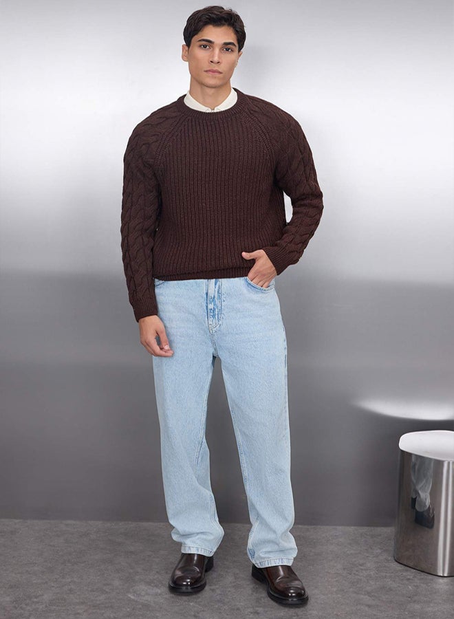 trendyol Unisex Crew Neck Wool Knitwear Sweater  Brown, Casual Regular Fit - Image 1