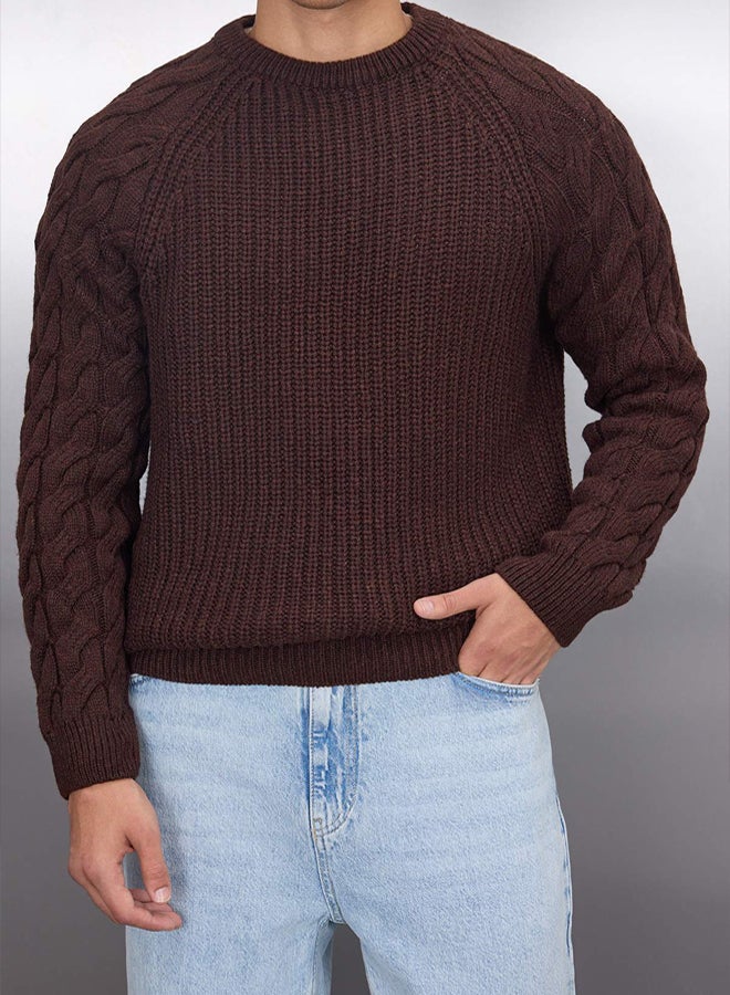 trendyol Unisex Crew Neck Wool Knitwear Sweater  Brown, Casual Regular Fit - Image 3