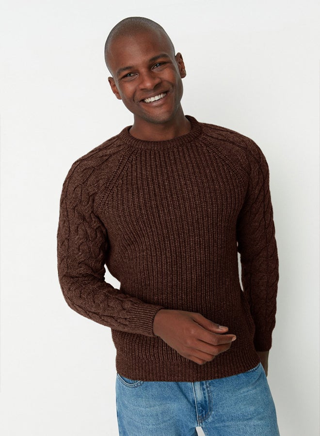 trendyol Unisex Crew Neck Wool Knitwear Sweater  Brown, Casual Regular Fit - Image 5