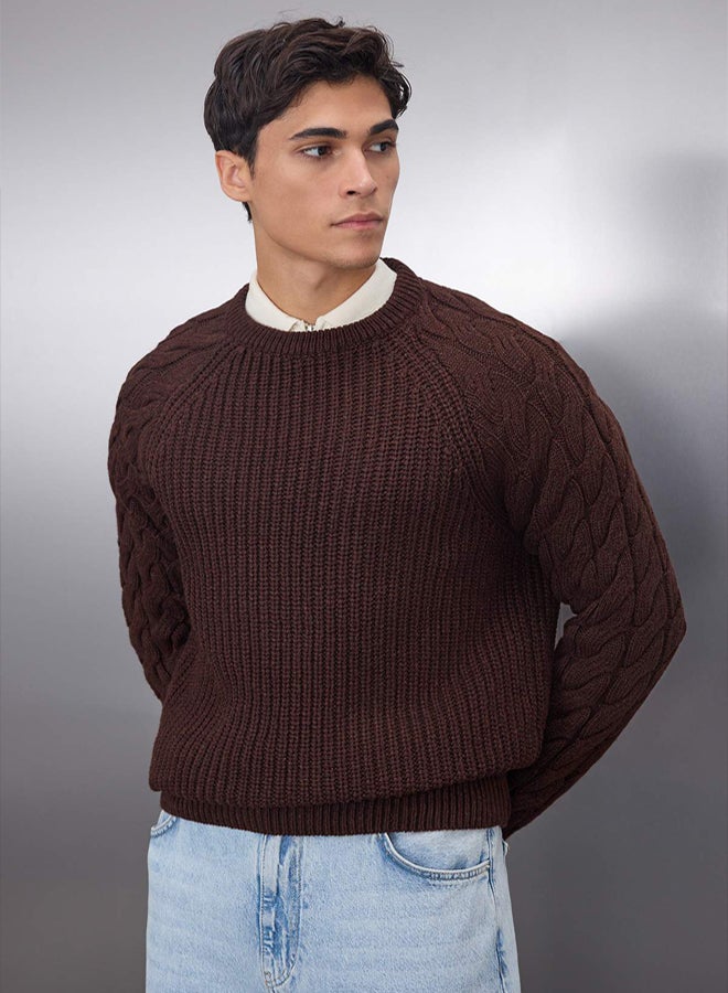 trendyol Unisex Crew Neck Wool Knitwear Sweater  Brown, Casual Regular Fit - Image 2
