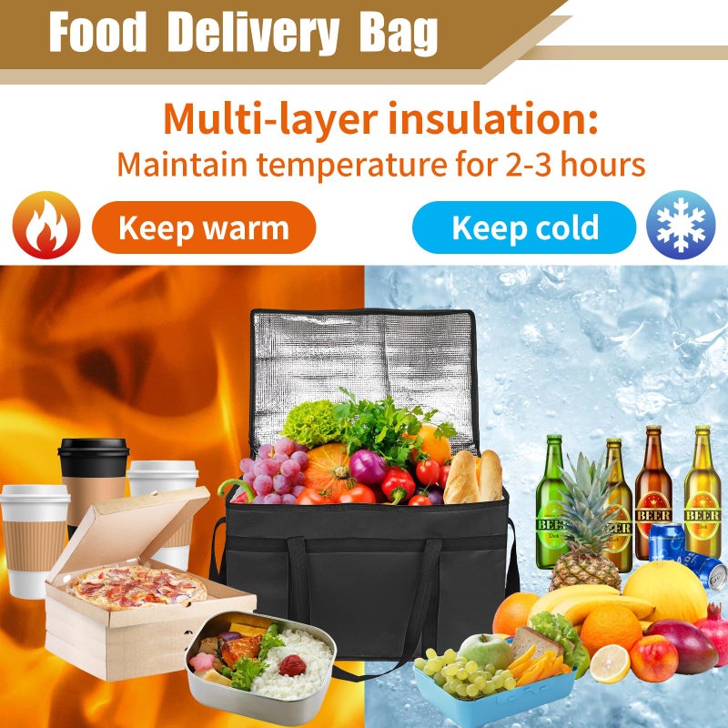 PEASUG 2PCS Insulated Bags for Food Delivery, XXXL Pizza Delivery Bags, Large Capacity Cooler Bag Keep Food Warm for Grocery Shopping and Catering, Foldable, Heavy-Duty (Black) - Image 5