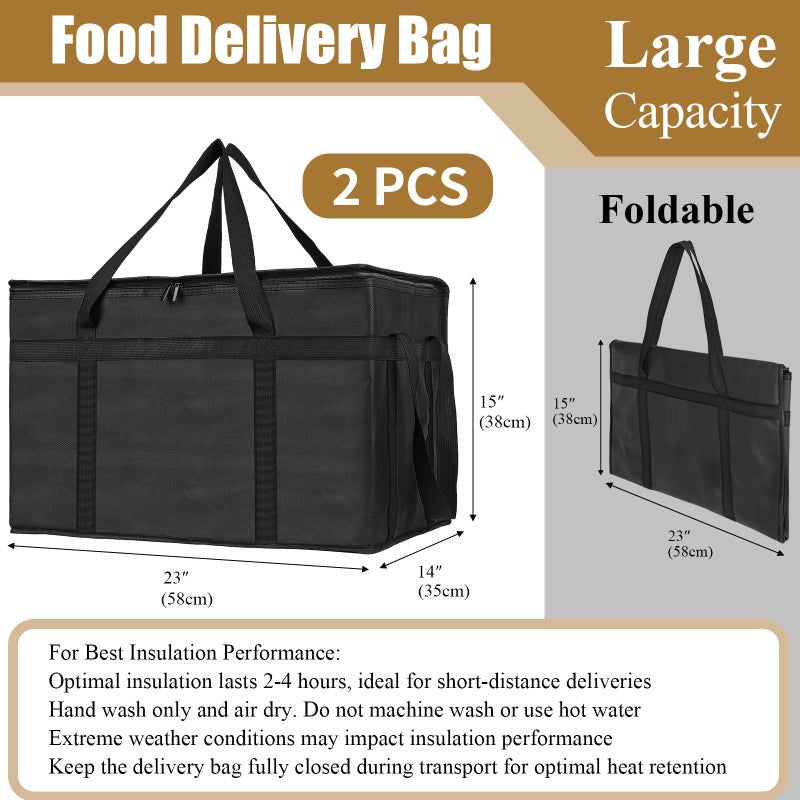PEASUG 2PCS Insulated Bags for Food Delivery, XXXL Pizza Delivery Bags, Large Capacity Cooler Bag Keep Food Warm for Grocery Shopping and Catering, Foldable, Heavy-Duty (Black) - Image 3