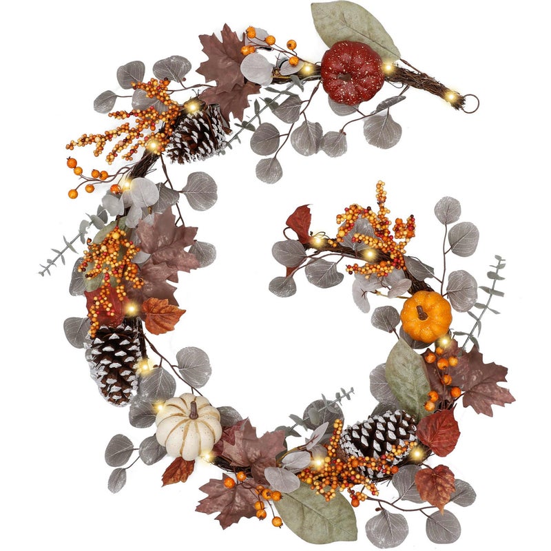 Valery Madelyn Fall Maple Leaves Garlands for Mantle 6ft Halloween Garlands with Pumpkins Lights for Table Centerpiece Thanksgiving Harvest Decorations for Home Mantle Fireplace Outdoor DecorBrown