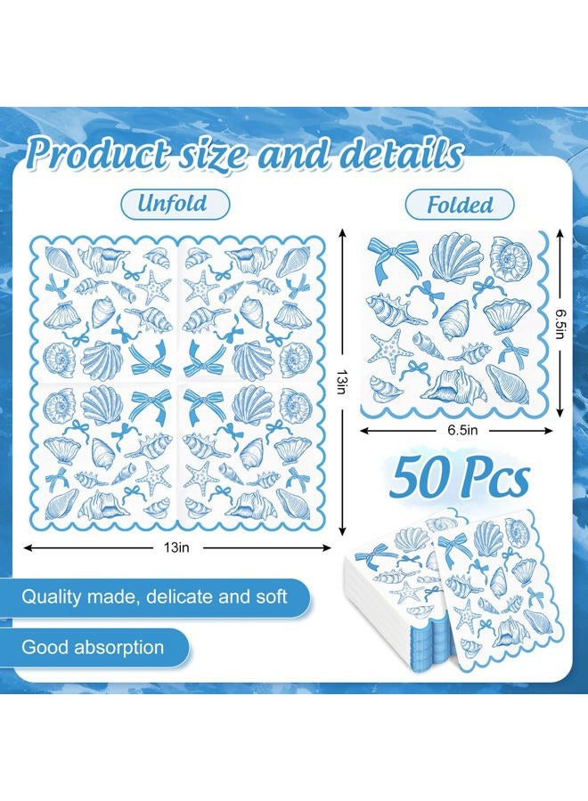 FYSUIMU 50Pcs Ocean Bow Scalloped Paper Napkin Seashell Conch Starfish Disposable Luncheon Napkins Dinner Hand Napkins for Summer Beach Party Supplies - Image 2