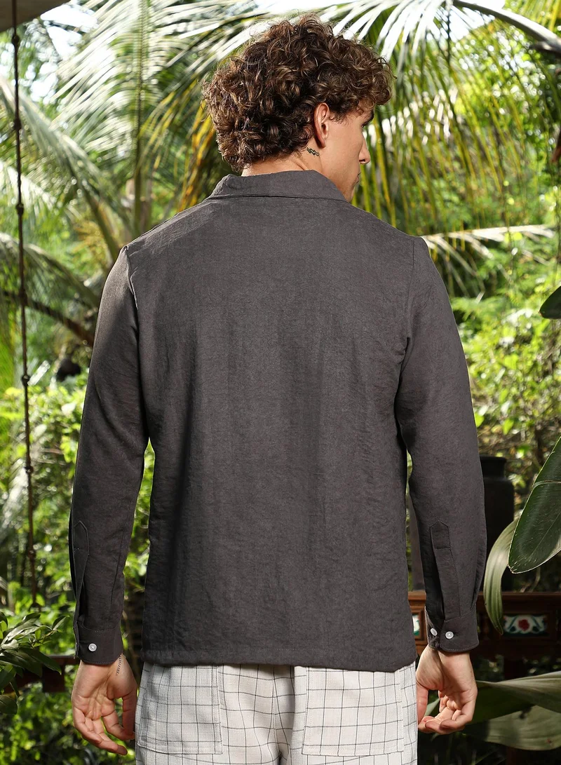 Campus Sutra Campus Sutra Men's Charcoal Grey Solid Shawl Collar Oversized Shirt For Casual Wear | Shawl Collar | Long Cuffed Sleeves | Button Closure | Oversized Shirt Crafted With Comfort Fit For Everyday Wear