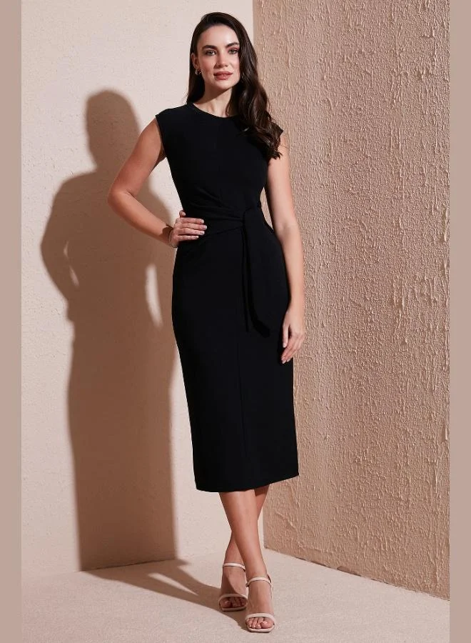 Lela Lela Slim Fit Crew Neck Tie Detail Midi Dress Women's Dress 5866164