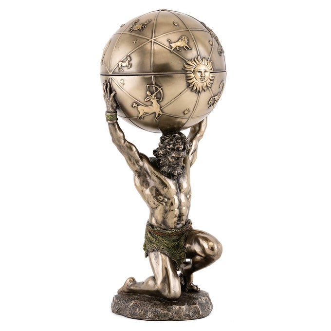 GREEK GOD ATLAS STATUE WITH GLOBE CONTAINER ROMAN GOD OF HEAVEN AND ASTRONOMY SCULPTURE IN PREMIUM COLD CAST BRONZE 1225INCH OFFICE DESKTOP FIGURINE WITH HIDDEN COMPARTMENT
