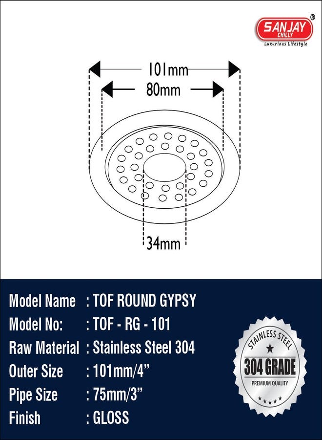 Sanjay Chilly Round Floor Drain with Pipe Hole 4 Inch Stainless Steel 304 Grade Kitchen Sink Cover Jali Luxurious Bathroom Gratings Water Drain Strainer Bathtub Laundry (Round Gypsy Silver 4 Inch) - Image 2