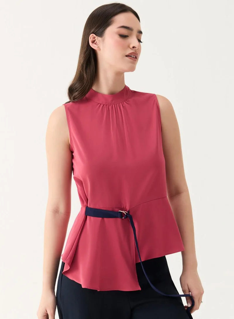 Zigzag Sleeveless D-Ring Belt Dark-Pink Top