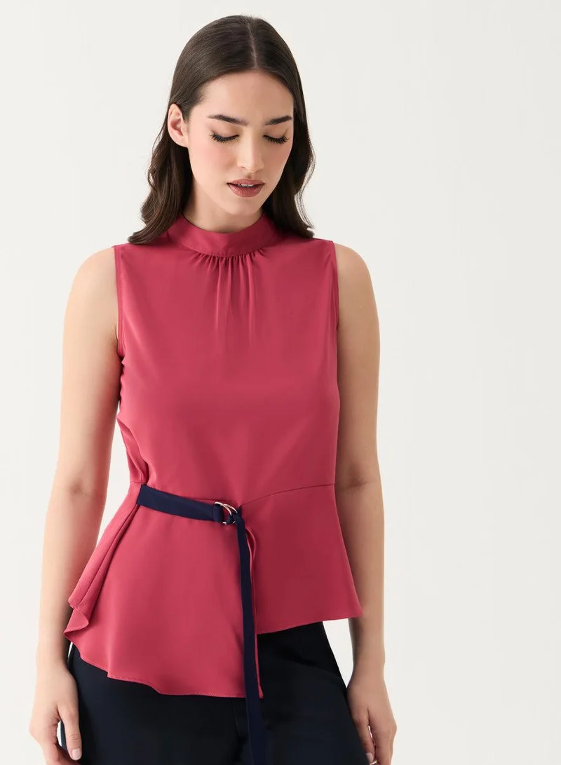 Zigzag Sleeveless D-Ring Belt Dark-Pink Top