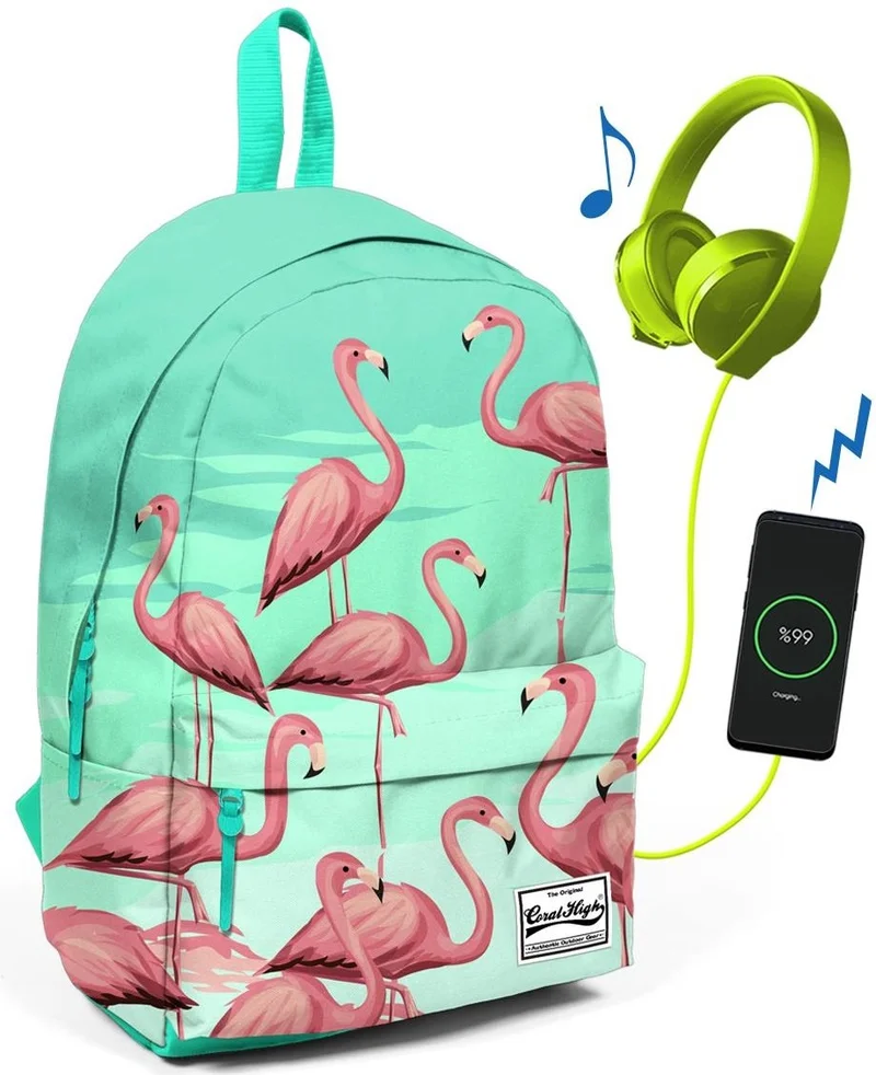CORAL HIGH Water Green Flamingo Backpack with Two Compartments, USB Charging and Headphone Outlet 23432