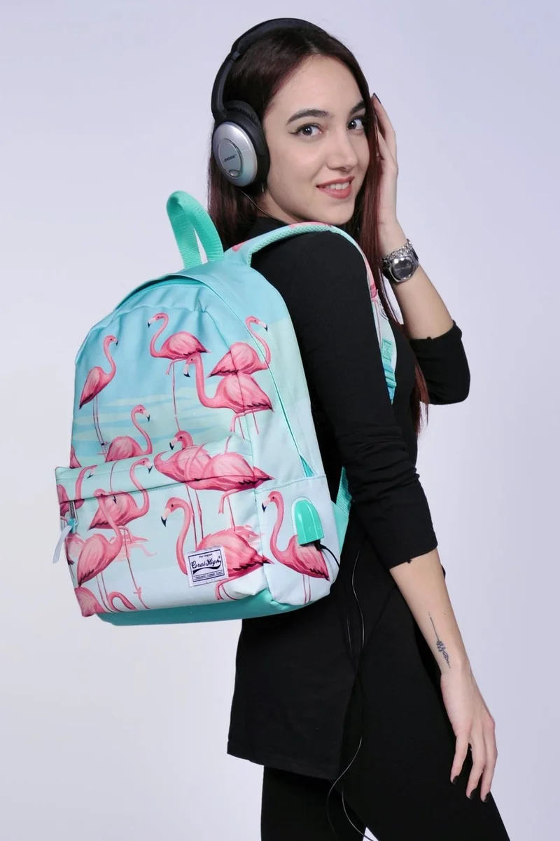 CORAL HIGH Water Green Flamingo Backpack with Two Compartments, USB Charging and Headphone Outlet 23432