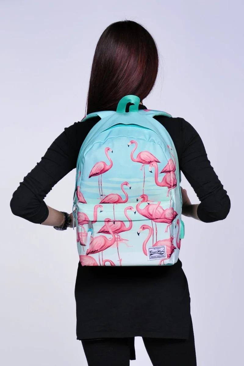 CORAL HIGH Water Green Flamingo Backpack with Two Compartments, USB Charging and Headphone Outlet 23432