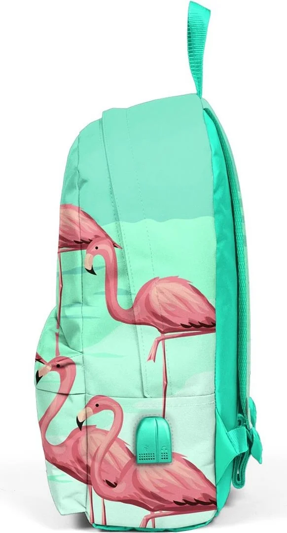 CORAL HIGH Water Green Flamingo Backpack with Two Compartments, USB Charging and Headphone Outlet 23432