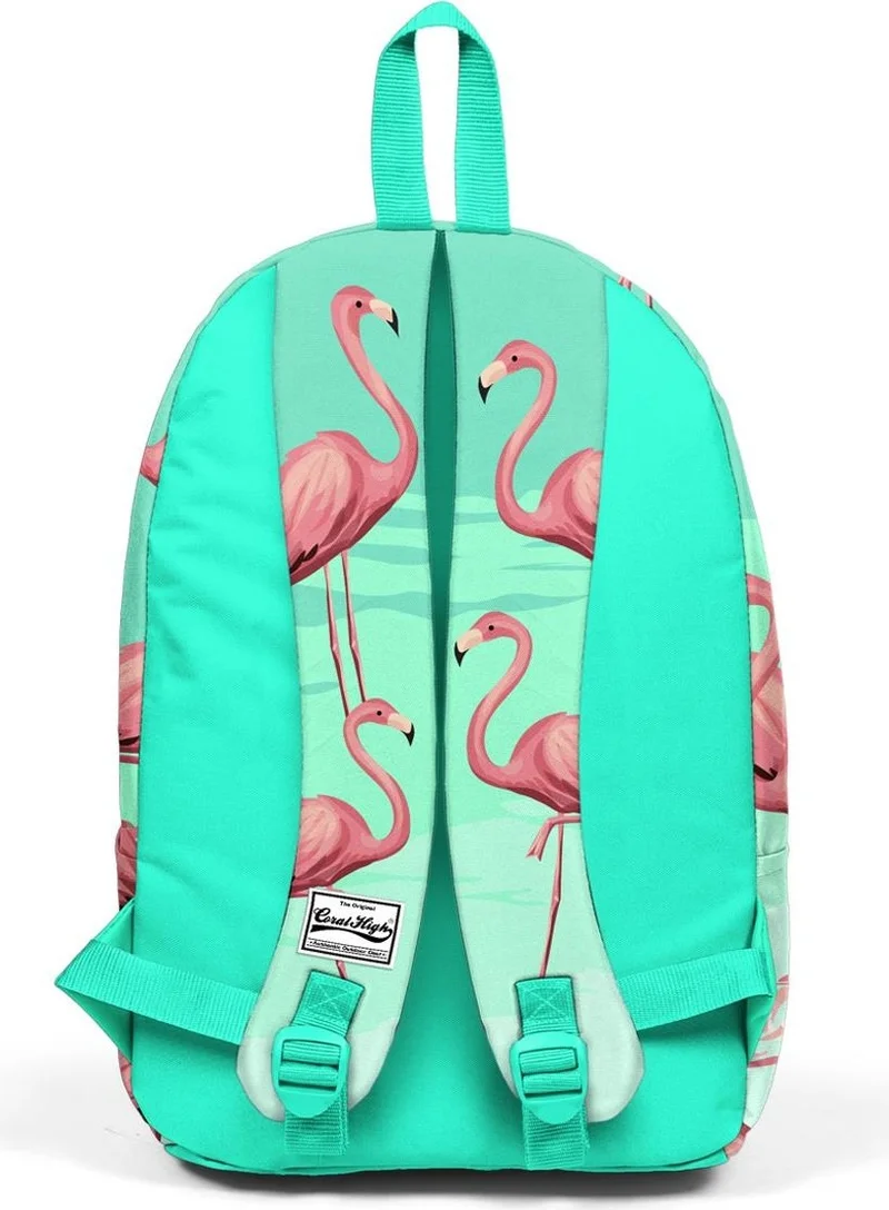CORAL HIGH Water Green Flamingo Backpack with Two Compartments, USB Charging and Headphone Outlet 23432