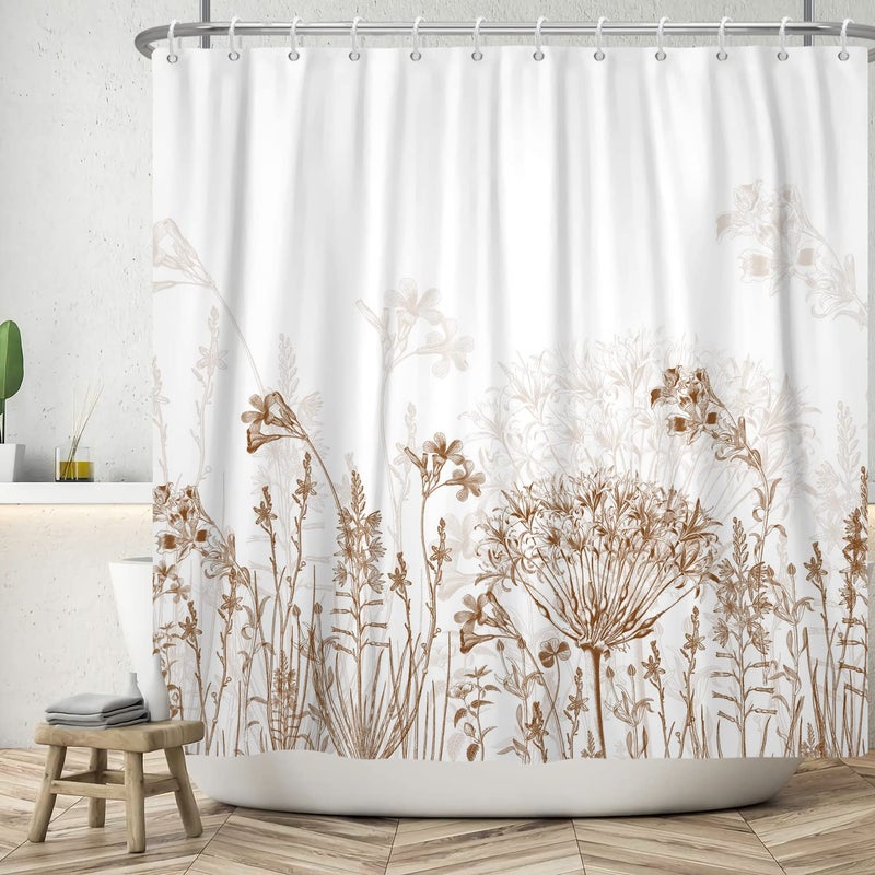 Yeele Long Botanical Shower Curtain  Brown Floral Shower Curtain for Bathroom Waterproof Fabric Bathroom Shower Curtain Set with 12 Hooks for Home Hotel Farmhouse Curtains White 72 x 72 Inches - Image 3