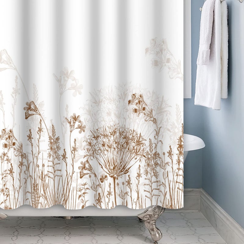 Yeele Long Botanical Shower Curtain  Brown Floral Shower Curtain for Bathroom Waterproof Fabric Bathroom Shower Curtain Set with 12 Hooks for Home Hotel Farmhouse Curtains White 72 x 72 Inches - Image 2