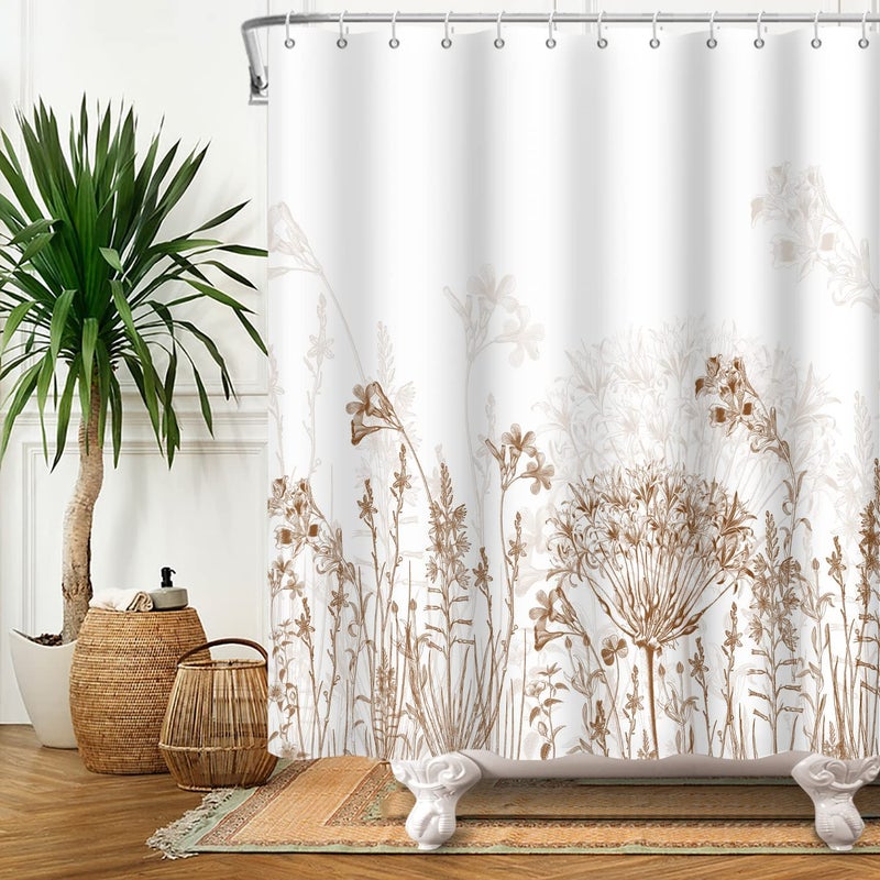 Yeele Long Botanical Shower Curtain  Brown Floral Shower Curtain for Bathroom Waterproof Fabric Bathroom Shower Curtain Set with 12 Hooks for Home Hotel Farmhouse Curtains White 72 x 72 Inches - Image 1