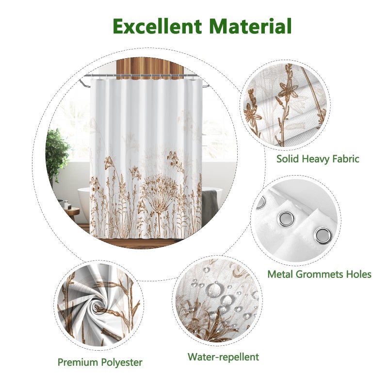 Yeele Long Botanical Shower Curtain  Brown Floral Shower Curtain for Bathroom Waterproof Fabric Bathroom Shower Curtain Set with 12 Hooks for Home Hotel Farmhouse Curtains White 72 x 72 Inches - Image 5