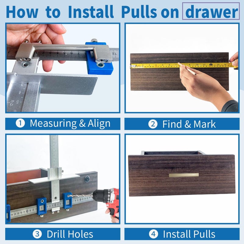 King&Charles Cabinet Hardware Jig, Metal Cabinet Handle Jig with 3pcs Point Wood Drils Bits - Use for Handles Pulls Knobs on Drawers/Doors, Wood Drilling Dowelling Guide Set. - Image 4